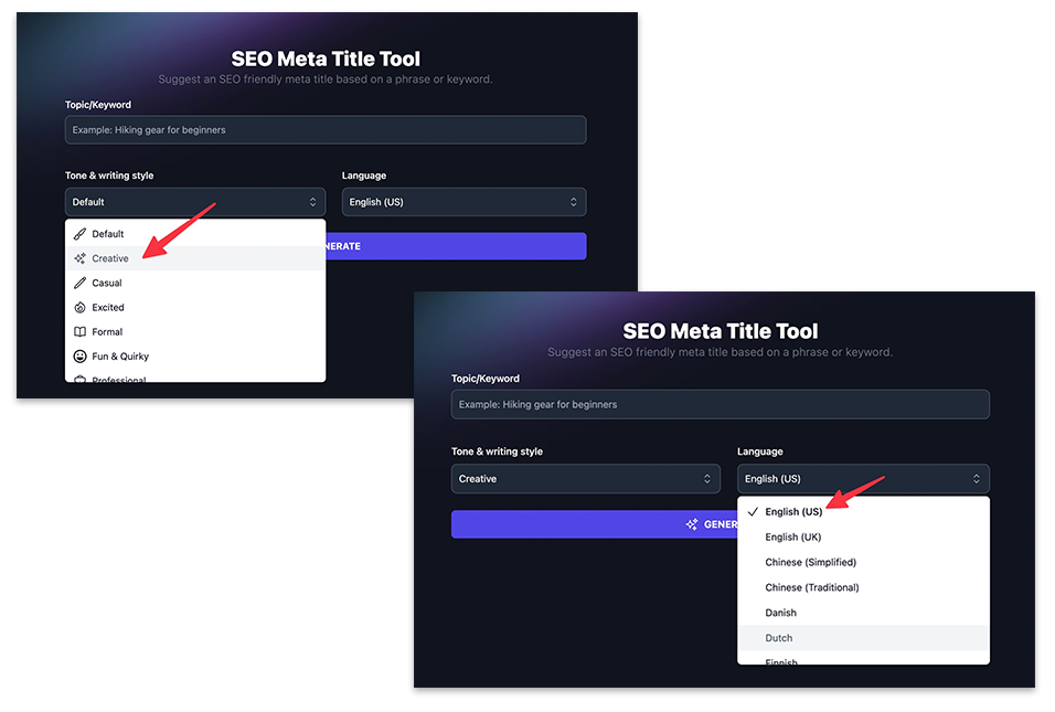 RightBlogger Meta Title Generator Tool Screenshot (Examples) Tone and Language Options