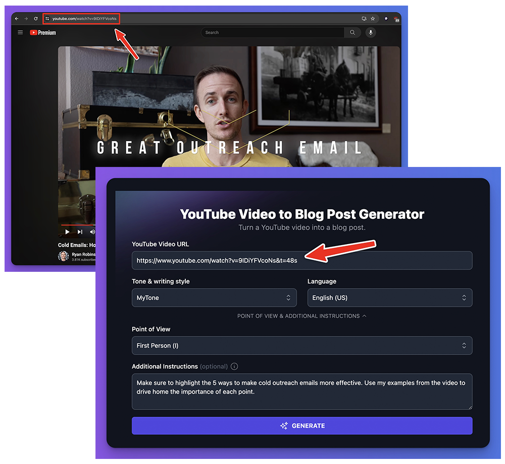 YouTube Video to Blog AI Tool (Example Screen Shot)